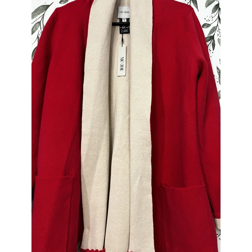 NIC+ZOE Cool Nights Reversible Fringe Jacket Red Tan Sz S Elegant Classic #A